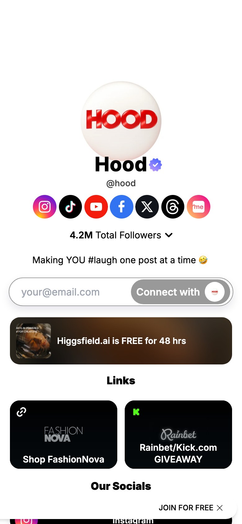 The hood page on Linkme