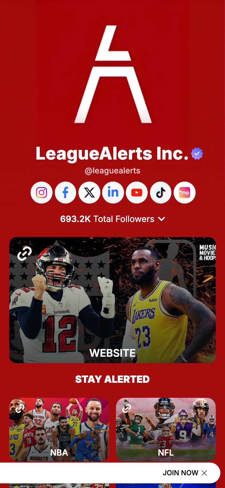 The leaguealerts page on Linkme